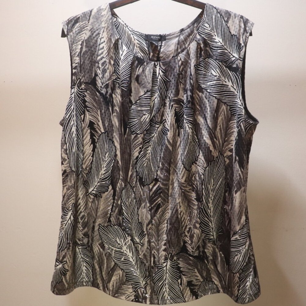 Alfani Large Black Tan Feather Pattern Shirt Sleeveless Size 2X